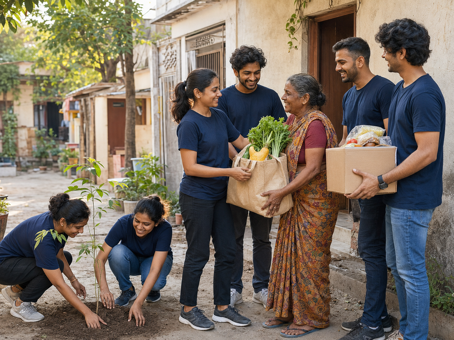 Seva Force volunteers supporting an elderly community member